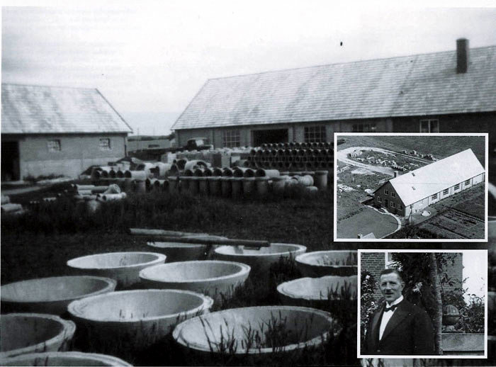 Billede 1: Her ses de støbte cementringe og bygningen fra nord 1947. Billede 2: Malling Betonvarefabrik 1947 set fra vest (Bredgade). Billede 3: Murermester Ferdinand Holm i 1927, som etablerede det første støberi på nuværende Rønhøjvej, tidligere Rønne Allé. 